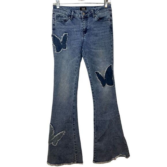 Y2K Simple Society Butterfly Patchwork Fringed Hem Faded Low Rise Jeans 7/28 - Picture 1 of 5